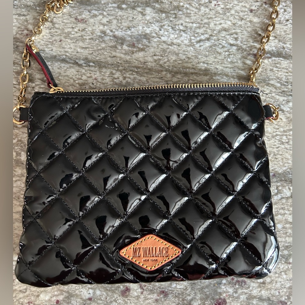 MZ Wallace Black Quilted Clutch with Gold Chain